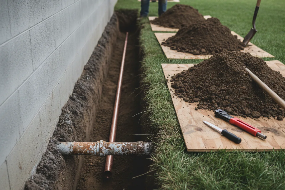 Excavated water line trench during Water Softener Installation in Beverly